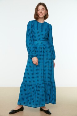 Trendyol Indigo Polka Dot vzorované tkané šaty detailem pasu
