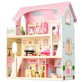 Ecotoys Dřevěný domeček v růžové barvě s panenkami