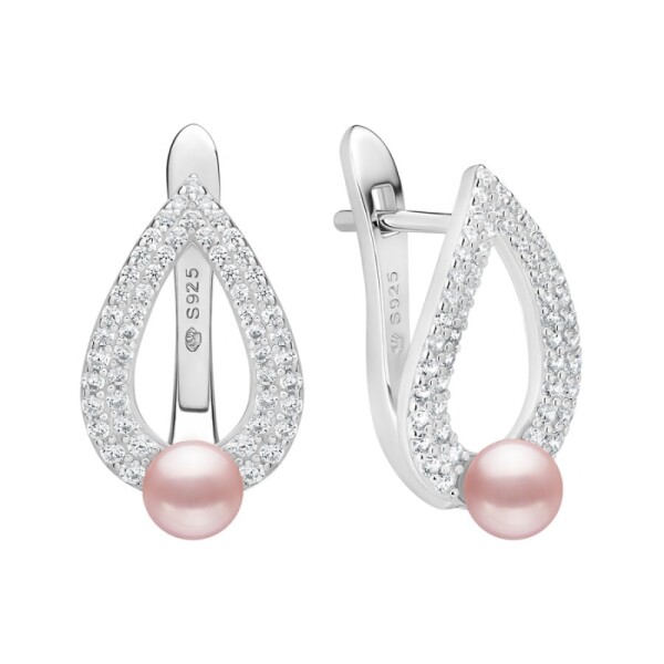 Náušnice s levandulovou perlou a zirkony Graciela - stříbro 925/1000, Stříbrná Levandulová