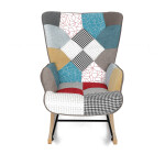 Křeslo houpací, potah patchwork látka, dřevěné nohy, masiv kaučukovník