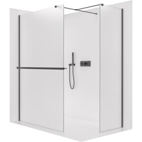 CERANO Sprchová zástěna Walk-in Onyx T L/P - 8 mm - hranatá vzpěra + polička/držák na ručníky - černá matná, mléčné sklo - 100x100x200 cm
