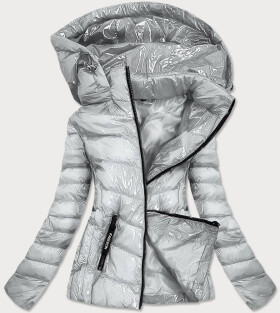 Lesklá stříbrná dámská bunda kapucí (B9569) odcienie szarości