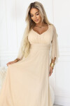 655-4 Dlouhé lehké třpytivé šaty s výstřihem a průhlednými rukávy - šampaňsko-béžová barva UNI