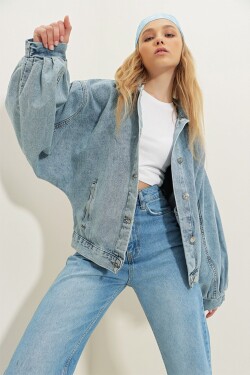 Trend Alaçatı Stili Dámské ledově modré dvojité kapsy balónovým rukávem Jean Jacket