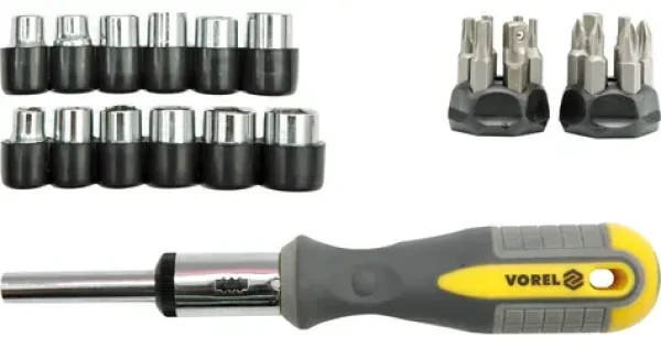 Vorel Šroubovák ráčnový s příslušenstvím 29 ks / Šroubovák ráčnový / CrV / Bity a nástrčné hlavice 1/4" (TO-60975)