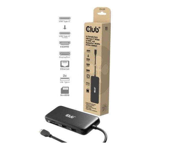 Club3D Dokovací stanice USB-C 8v1, 1xHDMI, 1xDP, 1xUSB-C, 2xUSB, 1xRJ45, černá EDF_795300