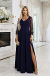 640-3 LORETTA jedinečné dlouhé šaty s tylovými rukávy a výstřihem - tmavě modré XXL