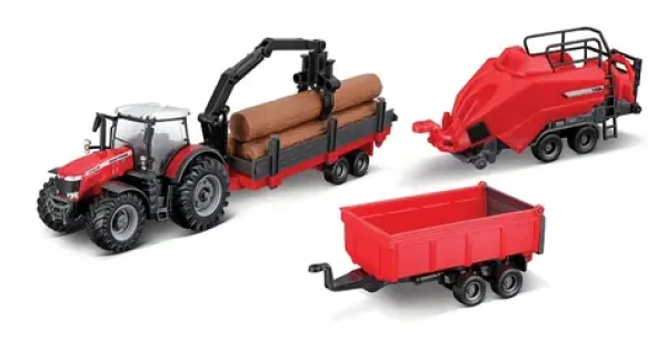 Bburago FARMLAND Set Traktor Massey Ferguson 8740S se třemi přívěsy