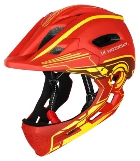WOZINSKY Dětská cyklistická přilba Full Face červená a žlutá / USB zadní světlo / velikost S