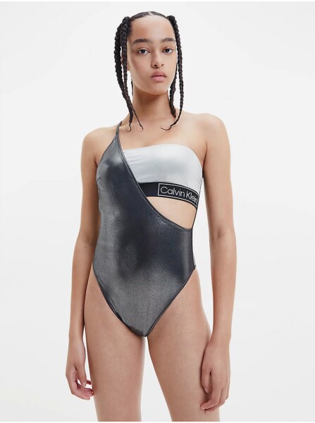 Calvin Klein Bílo-černé dámské metalické jednodílné plavky průstřihem Calvin Kl dámské