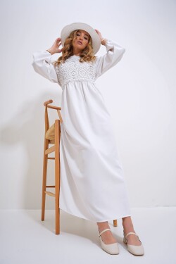 Trend Alaçatı Stili Women's White Stand Collar Crochet Braided Back Zipper Woven Dress