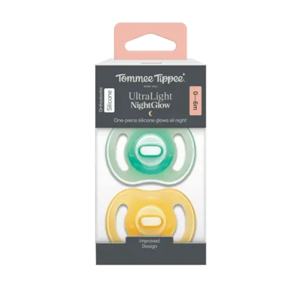 Tommee Tippee Ultra-light Night silikonový dudlík 0-6m 2ks žlutá a zelená (433804-T)