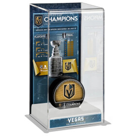 Fanatics Akrylátová vytrínka na puk Vegas Golden Knights 2023 Stanley Cup Champions Logo Deluxe Tall Hockey Puck Case