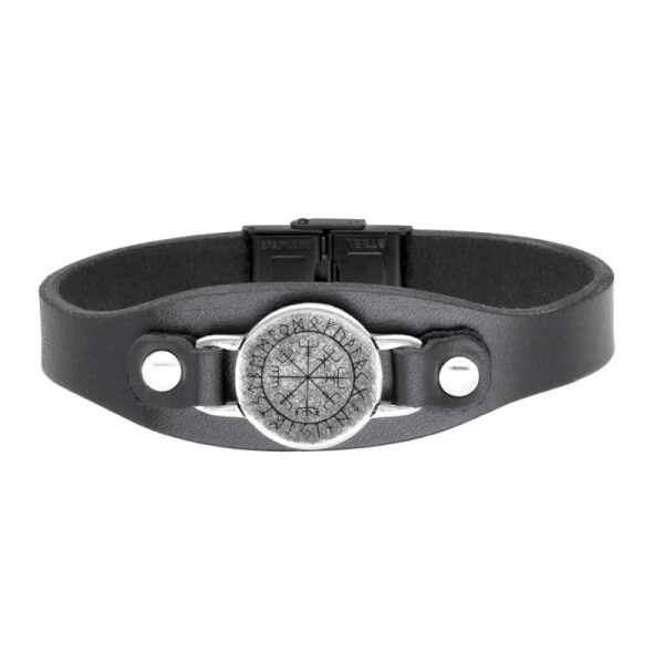 Pánský náramek Vegvisir - pravá kůže, chirurgická ocel, Černá 22 cm