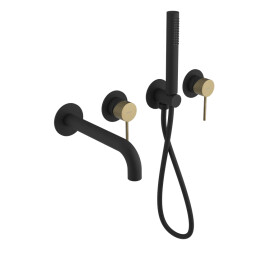 SAPHO - ULTRASAN podomítková vanová baterie s hubicí a ruční sprchou, 2 výstupy, černá mat/zlato mat UT093VBG