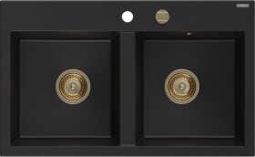 MEXEN/S - Hektor granitový dřez 2-bowl 800 x 480 mm, černá, zlatý sifon 6521802000-77-G