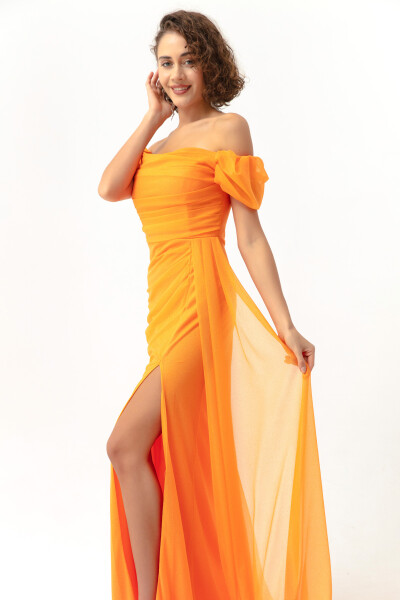 Lafaba Women's Orange Boat Neck Draped Slit Long Silvery Evening Dress