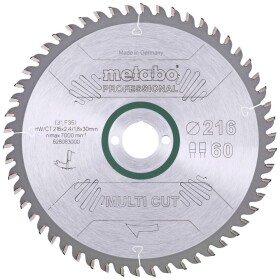 Metabo multi cut - professional, 216x30, Z60 FZ/TZ, 5°neg. 628083000 tvrdokovový pilový kotouč 216 x 30 x 1.8 mm Počet zubů (na palec): 60 1 ks