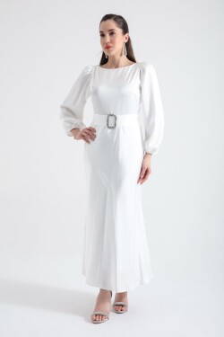Lafaba Women's White Belted Midi Satin Evening Dress