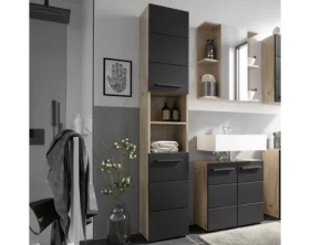 Vysoká koupelnová skříňka Vista 34 cm, dub viking/černá